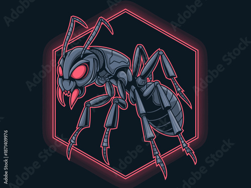Detailed ant character illustration in neon hexagon frame menacing insect with red eyes and mandibles creepy crawly bug biology study for science education materials entomology artwork pest control br