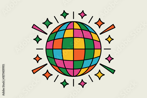 Vibrant disco ball illustration with colorful squares and shining stars retro dance party celebration graphic design element for music events entertainment industry advertising and social media promot