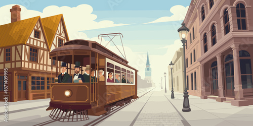 Vintage cartoon trolley car with passengers traveling down city street past historic buildings retro public transport illustration for tourism travel advertising posters and presentations old fashione