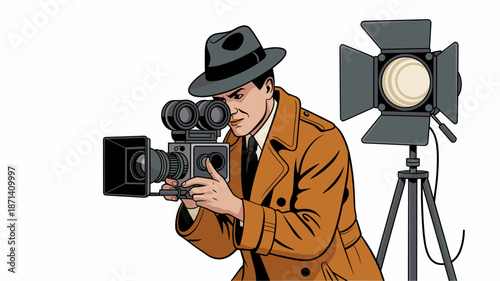 Retro detective filming with vintage movie camera and studio spotlight stylish investigator shooting cinema production old fashioned filmmaker in trench coat and fedora for entertainment media content
