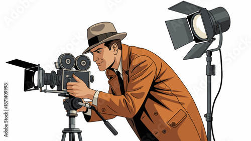 Retro cameraman filming with vintage camera and spotlight in studio classic film production concept for movie industry advertising professional cinematographer character illustration for cinema televi