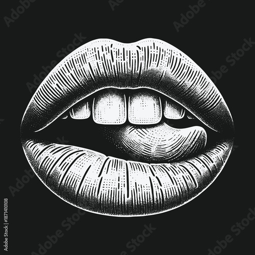 Engraved Lips with Tongue Out: A Bold and Provocative Illustration.