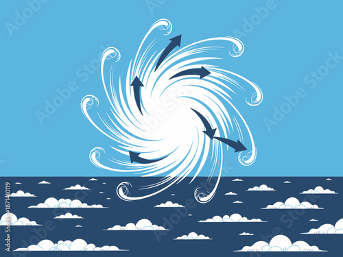 Hurricane Cyclone Weather System Formation Graphic Over Ocean Waters with Clouds Illustration Stormy Atmospheric Conditions Climate Change Concept Environmental Science Meteorology Presentation for Ed