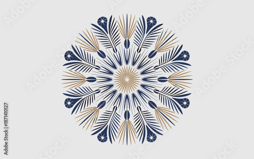 Elegant geometric mandala vector design in navy blue and gold circular symmetrical pattern for spiritual zen meditation art interior decor yoga studio branding stationery template creative projects an
