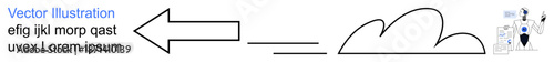 Navigation, workflow, conceptual design, communication, data transfer, abstract visuals. A bold arrow pointing towards a cloud-thumbs up shape with text blocks. Navigation and workflow concepts