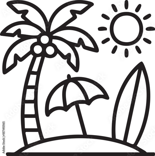 A simple vector illustration of a tropical beach with the sun, palm trees, and an umbrella by the sea in a summer holiday style