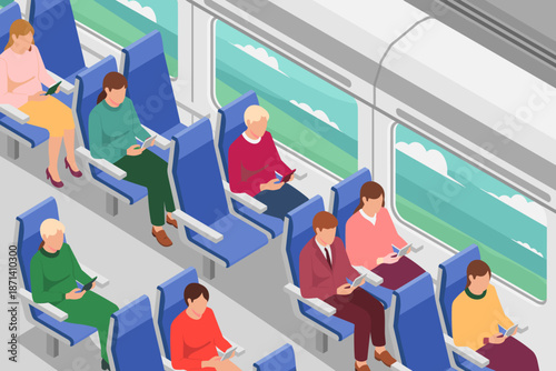 Isometric passengers sitting on train seats using digital tablets during commute travel transportation modern railway carriage interior illustration for public transport technology service mobile conn