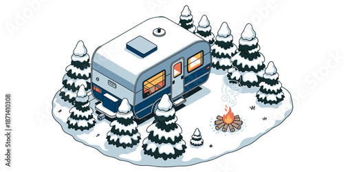 Isometric camping trailer in snowy winter forest scene with campfire illustration for outdoor adventure travel recreational vehicle lifestyle seasonal holiday marketing creative design projects and va