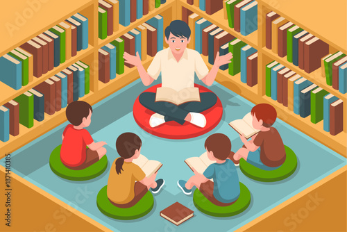 Smiling male teacher reading book to young diverse students in school library classroom with colorful books on shelves isometric illustration for elementary education learning storytelling and knowled