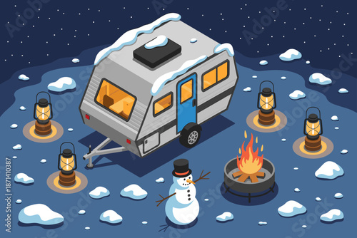 Isometric winter camping scene with travel trailer and snowman enjoying a campfire under the stars holiday vacation campsite adventure recreation lifestyle graphic illustration for seasonal marketing