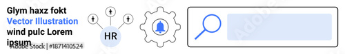 Human resources, recruitment, job search, digital tools, notifications, optimization. Features HR icon, gear search bar with magnifying glass and notification symbol. s human resources