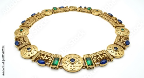 Exquisite antique gold necklace adorned with emerald and sapphire gemstones, a timeless piece of opulent jewelry