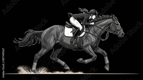 A jockey riding a horse at high speed on a track, captured from the side