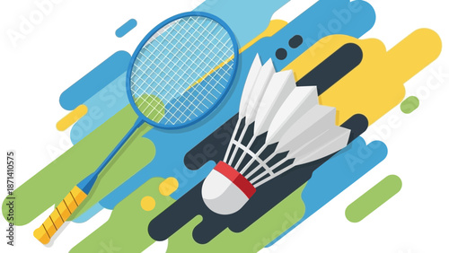 A vibrant illustration of a badminton racket and shuttlecock on a dynamic background showcasing sports equipment.