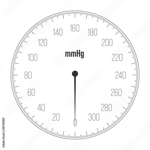 Blood pressure gauge scale in mmHg, medical circular dial with pointer vector illustration