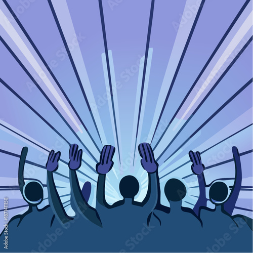 People with raised hands at an event with light rays.