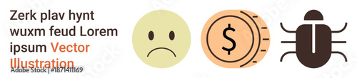 Cybersecurity, finance security, digital threats, vulnerability, malware, money protection. Sad face, coin bug symbol financial and digital risks. Cybersecurity and finance security concepts