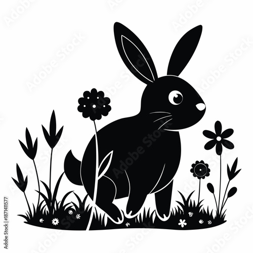 Chubby bunny silhouette hopping through tall grass at sunrise