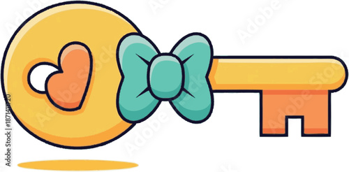 Charming golden key illustration featuring a lovely heart-shaped detail and a decorative teal bow, symbolizing love, dreams, unlocking possibilities, and treasured secrets
