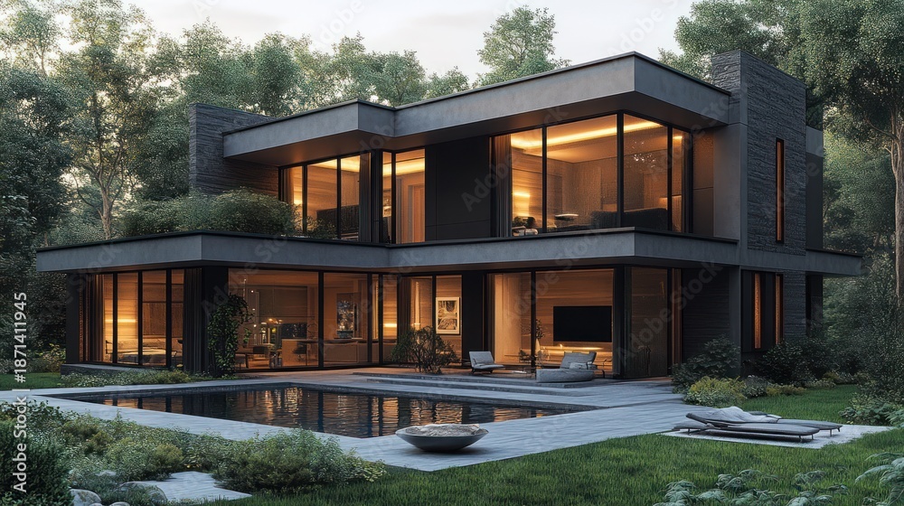 Fototapeta premium Modern home with pool in woodland setting. Possible use Architectural design showcase