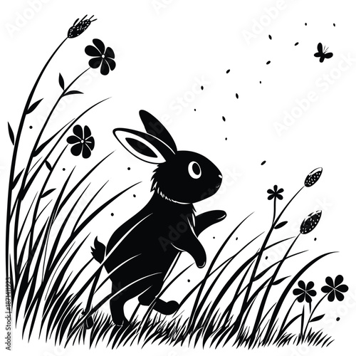 Chubby bunny silhouette hopping through tall grass at sunrise