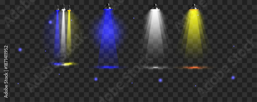 Stage spotlights lighting performance podium effect vector illustration set with colorful white blue yellow rays falling on ground