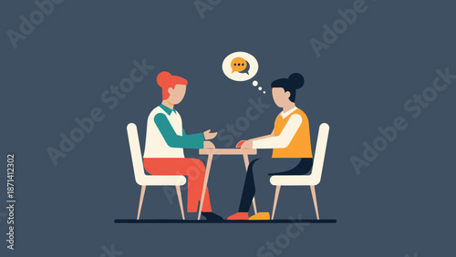 Two individuals engaged in conversation at a table, contemplating an idea together