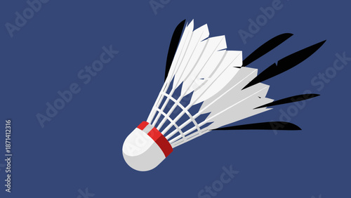 A shuttlecock in mid-air against a blue background