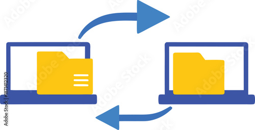 Digital data transfer between two computers illustrated with folders and arrows, symbolizing network connectivity