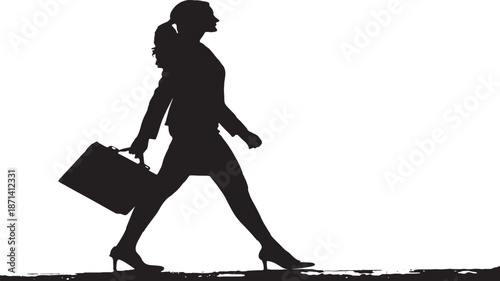 Female business professional walking in heels, confident posture, modern corporate silhouette, flat black vector, isolated background