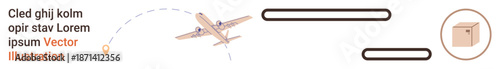 Global logistics, package delivery, shipping services, cargo management, transportation trends, supply chain tracking. Airplane in motion with route line and box icon. Global logistics and package