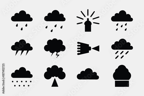 Collection of weather icons including rain, storm, and cloud symbols on white background