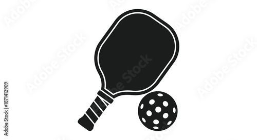 A simple black and white illustration of a pickleball paddle and a perforated ball