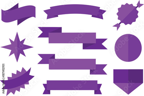 Diverse set of flat design purple graphic elements including various banners, elegant ribbons, and stylish labels, ideal for digital design projects and visual communication