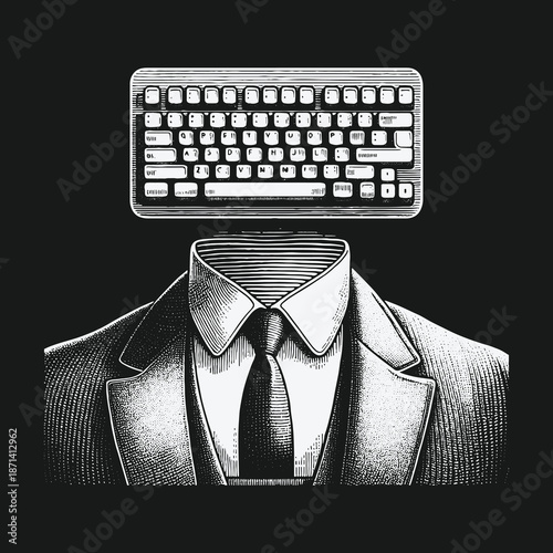 The Keyboard Head: A Conceptual Illustration of Modern Work.