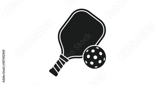 A simple black and white illustration depicts a pickleball paddle and ball showcasing the sport s equipment