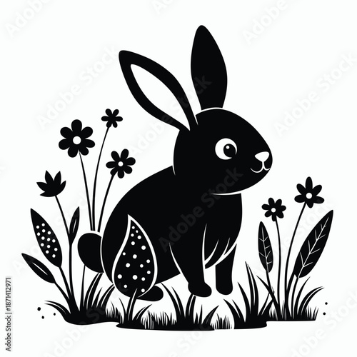 Chubby bunny silhouette hopping through tall grass at sunrise