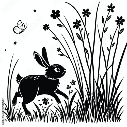 Chubby bunny silhouette hopping through tall grass at sunrise