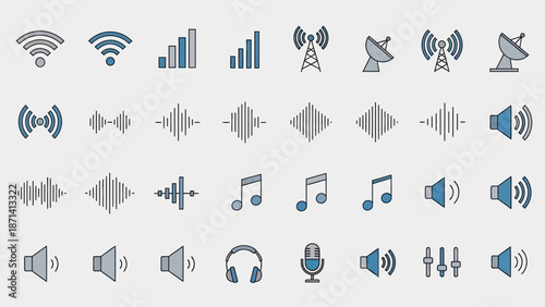Colorful set of wireless signal, audio wave, and sound icons in a bright studio, depicting communication, music, and technology concepts.
