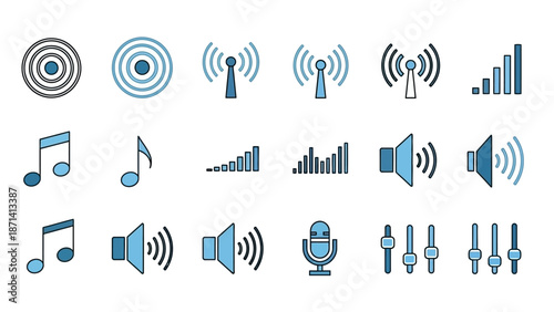 Audio Control and Music Outline Icons Set featuring Sound Signals, Music Notes, Volume Controls, Speaker, Microphone, and Equalizer on Isolated White Background