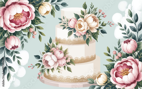 Wedding cake with pink flowers and green leaves on light blue background
