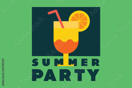 Vibrant illustration of a refreshing summer party cocktail, featuring a beverage glass with an orange slice and straw, ideal for festive event promotions