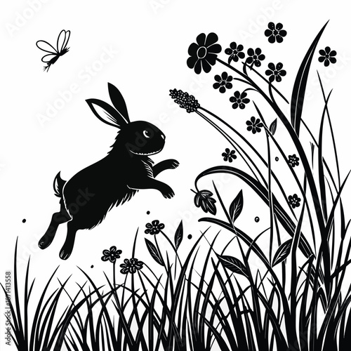Stylized silhouette of a round bunny jumping in tall grass, nature vector