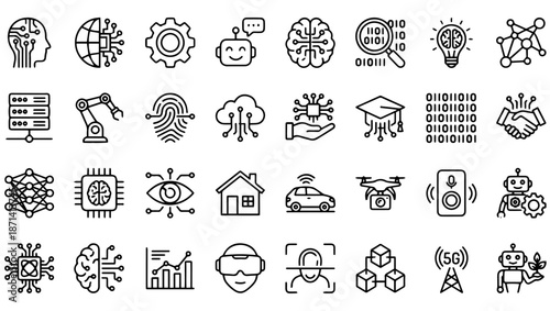 Artificial Intelligence Line Icons Set – 32 AI, Technology & Digital Brain Outline Symbols, artificial intelligence icons, ai icons, technology icons, machine learning, neural network, robot icon, 
