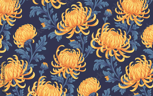 Vibrant yellow chrysanthemum flowers with blue leaves on dark blue background