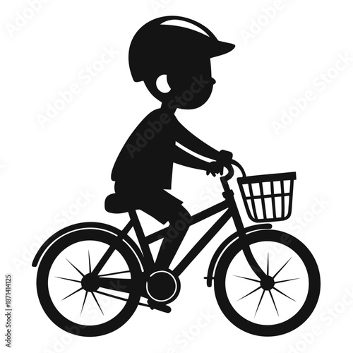 Child silhouette on a bicycle, moving through a vast grassy expanse, vector graphic