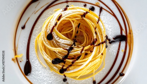 Elegant Tagliatelle Pasta Nest with Balsamic Glaze Drizzle.