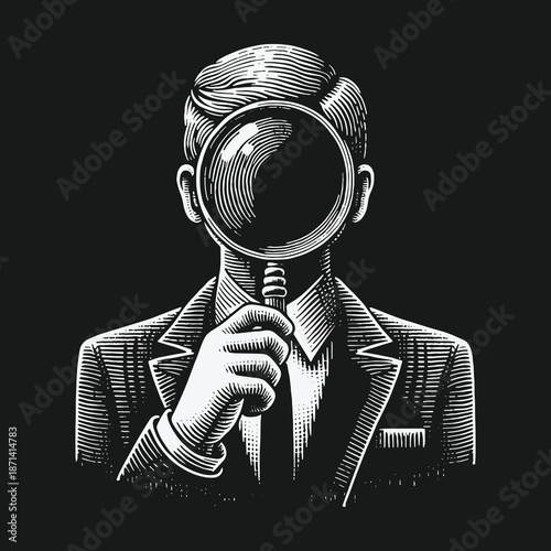 Intricate Illustration of a Man Holding a Magnifying Glass to His Face.