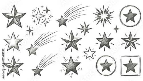Hand-Drawn Black Star Icons, hand-drawn stars, black star icons, twinkling stars, shooting star doodles, abstract star shapes, sketch style stars, white background, decorative star elements,