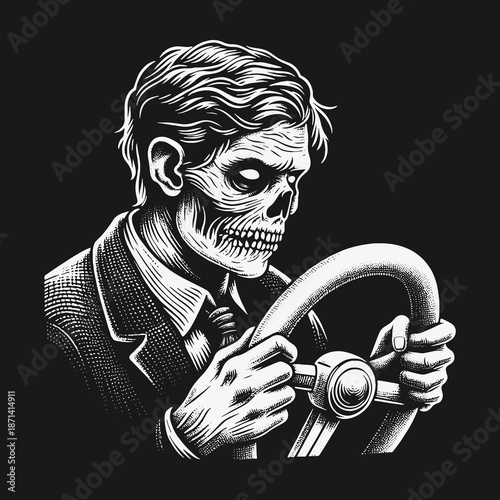 Undead Driver: A Grim Illustration of a Skeleton at the Wheel.